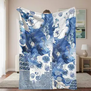 Ocean Sea Life Flannel Blanket Nautical Marine Pattern with Turtle Seahorse Jellyfish Shell Coral Elements Ultra Soft Lightweight Cozy Warm Decorative Throw for Sofa Bed Living Room Beach House Gift