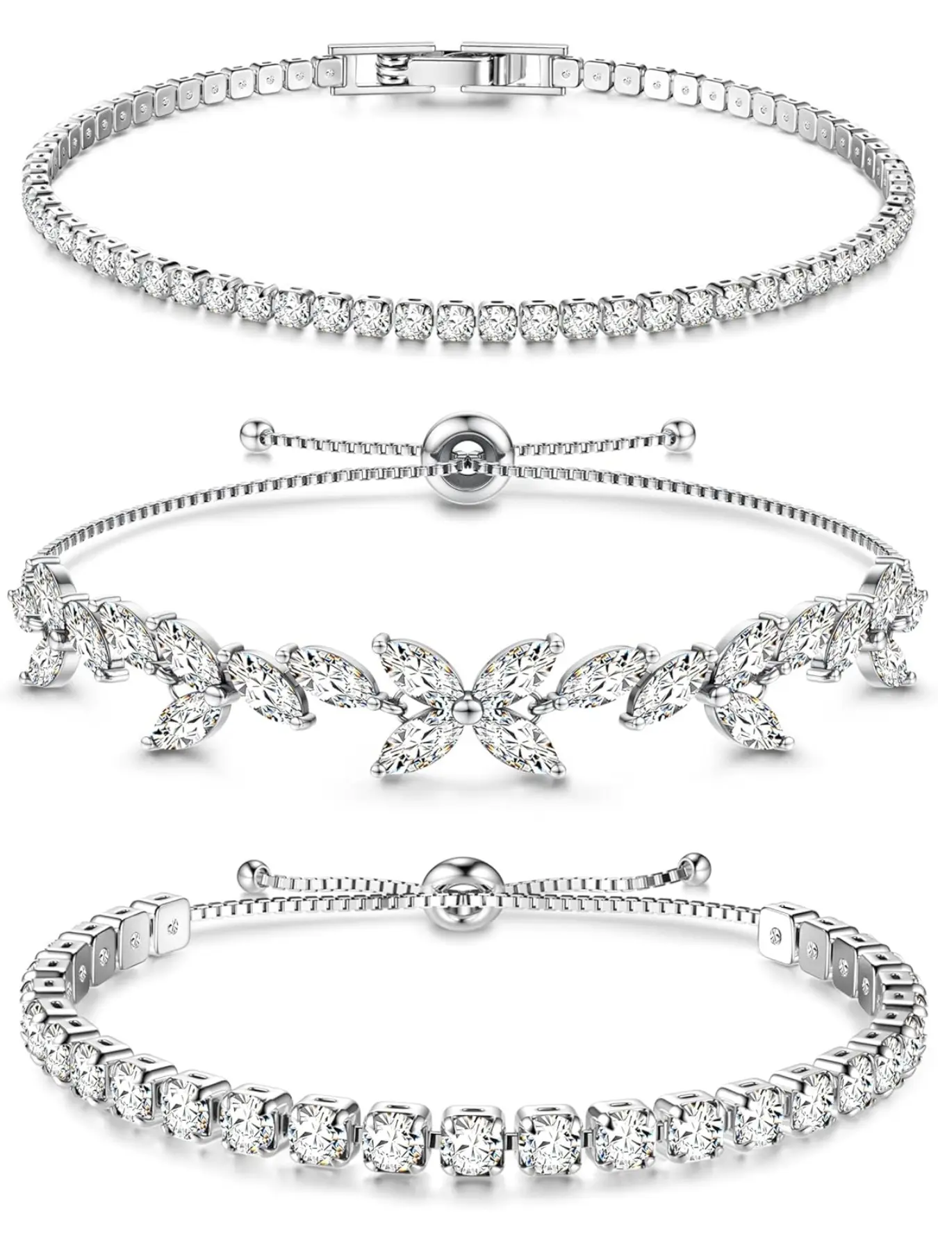 Women's Silver Color Tennis Bracelets Set, Matching Bracelets, Pretty Bracelet, 3-Piece Jewelry Gift Box, Crystal & Rhinestone Design, Perfect for Birthdays & Holidays
