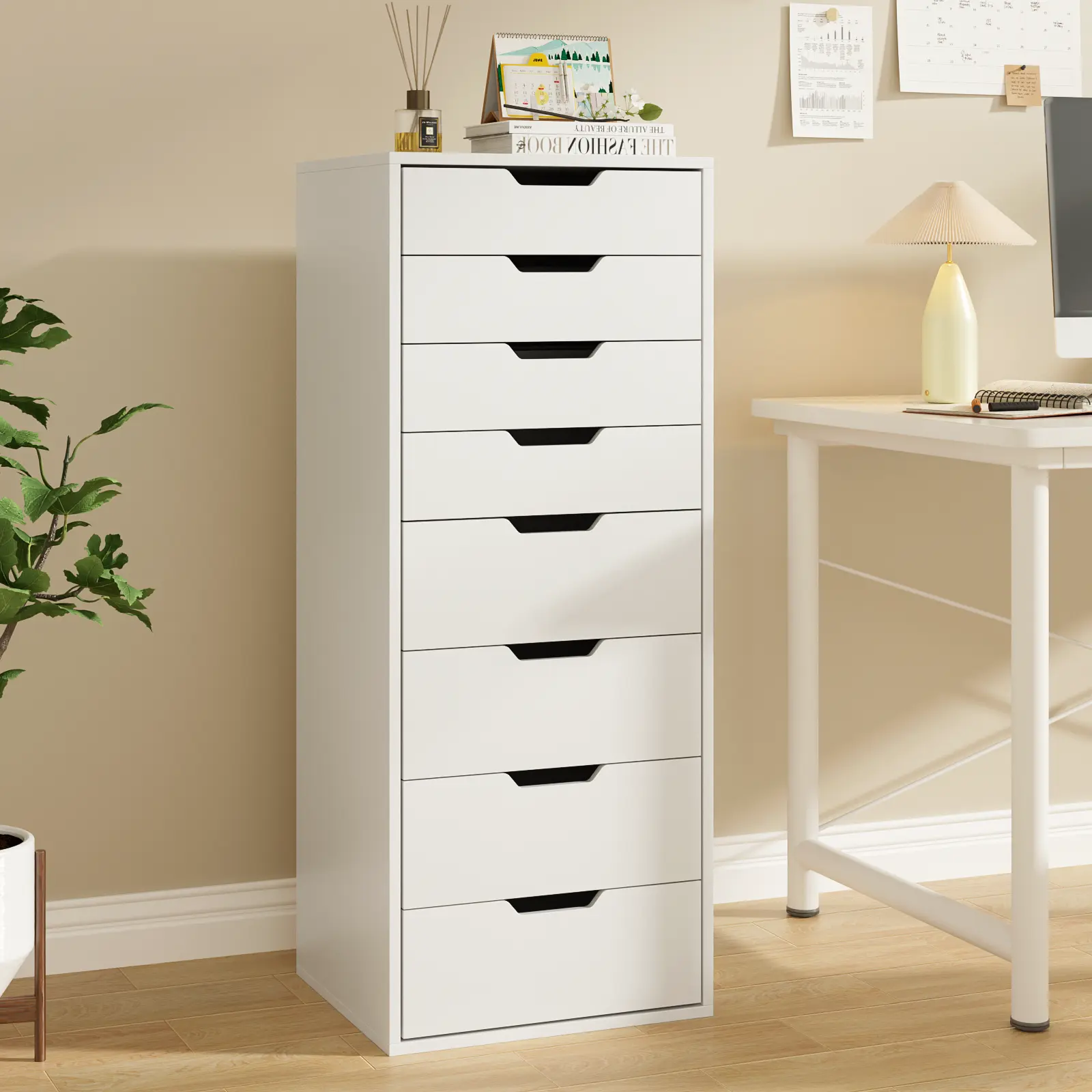 VOWNER 8 Drawer File Cabinet, Tall Storage Cabinet with Large Desktop, Vertical Filing Organizer for Home Office, Smooth Slide Rails, Anti-Tipping Device, White