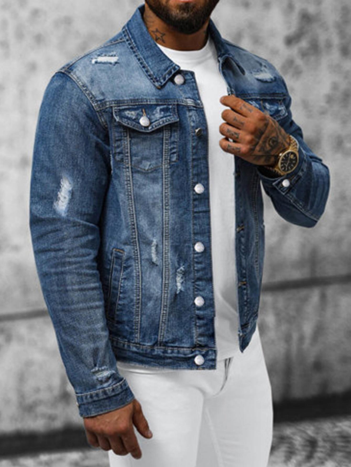 Stylish Streetwear Men Ripped Distressed Slim Denim Jacket Male Casual Jean Jacket Coat Menswear Tops Long Sleeve SpringStatements