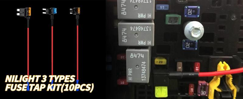 Nilight - 50040R 12V Car Add-a-Circuit Fuse Adapter with Standard and Mini TAP Profile TAP Blade Fuse for Cars Trucks Boats, 10 Pack Fuse Holder-3 types, 2 Years Warranty,Blue, Red, Black