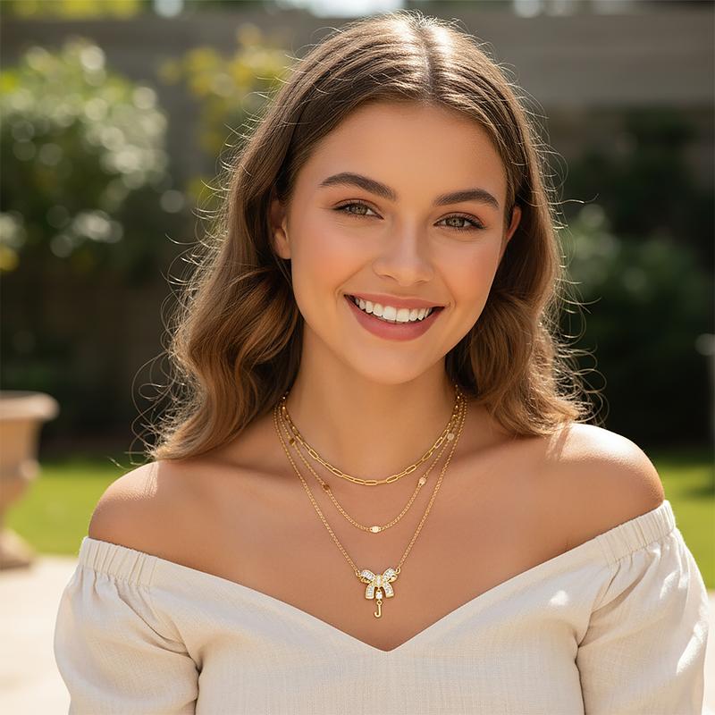 MEIITRUE 14K Gold Plated Initial Bow Necklace Set for Women – Layered Chains with 5A Cubic Zirconia, Adjustable Length, Elegant Personalized Gift