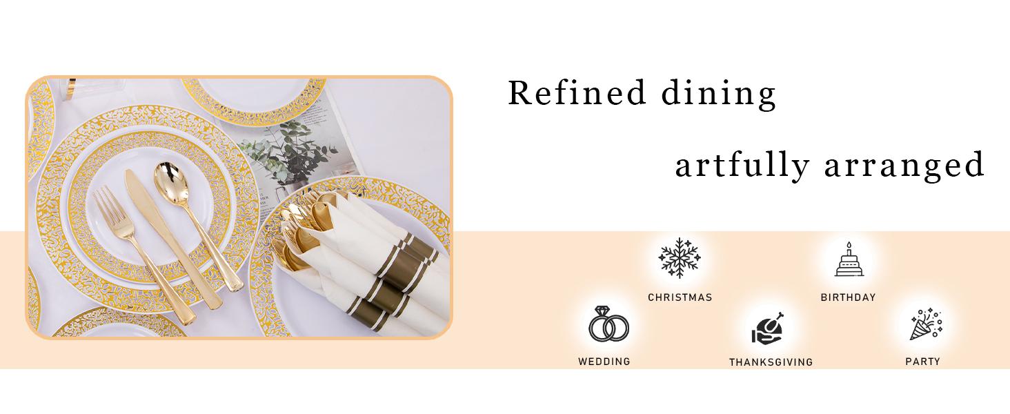 Silver/Gold/Clear/White/Blue Disposable Plates and Silverware Set: Dinner Plates,Dessert Plates, Cups,Napkins,Knife, forks, spoons-Perfect for Party