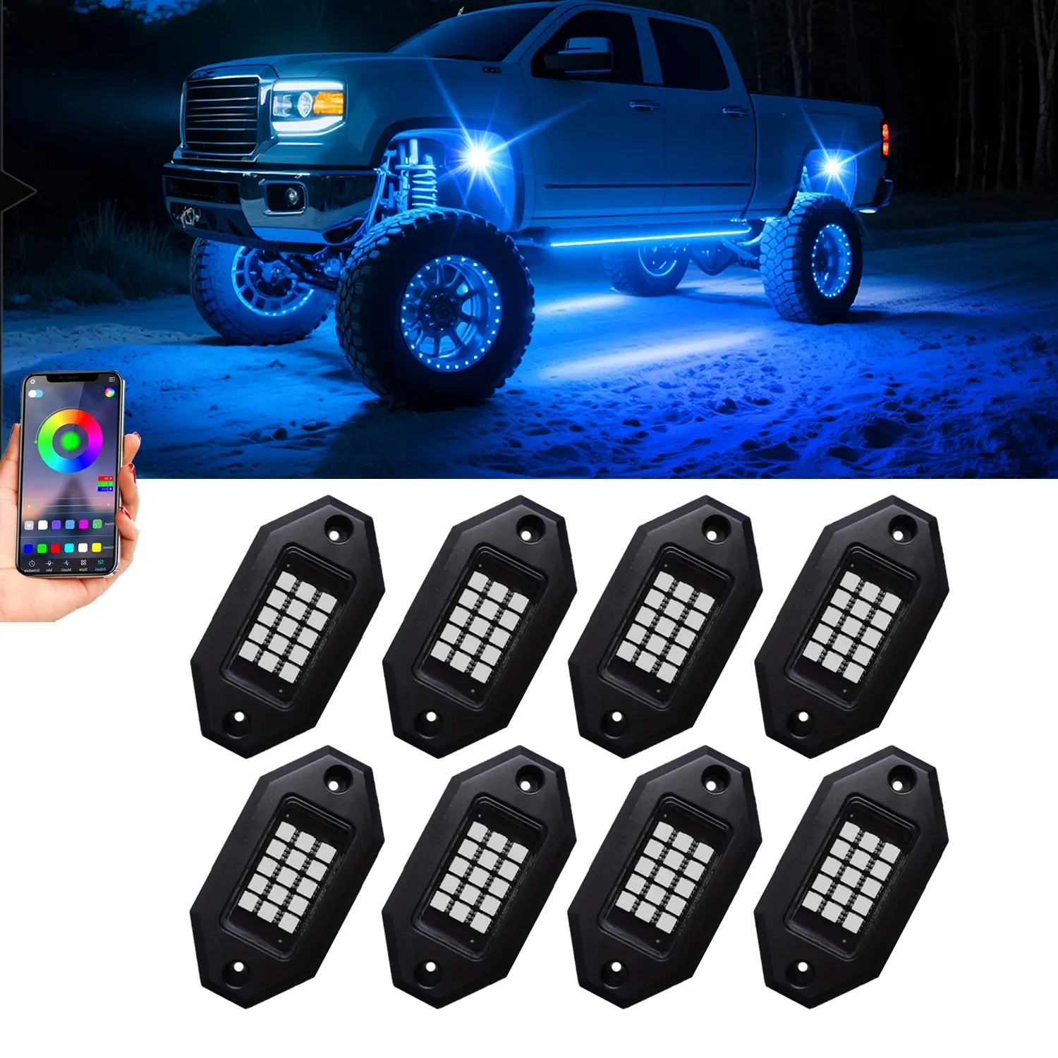 RGB LED Rock Lights 4/8/10/12 Pods, No Remote Under glow Multi color Neon Kit, Wheel Well with APP Control & Music Mode for Trucks,Jeep,SUV,Golf Cart,ATV,Pickup Off Road,12V rock light