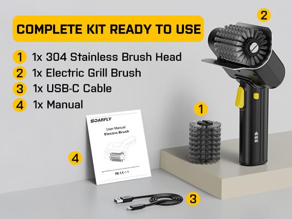 SOARFLY Multi-Purpose Electric Brush, Rechargeable High-Torque Metal Spin Scrubber with 2 Food-Grade Stainless Steel Heads, Compact BBQ Grill & Garden Tool Cleaner for Tight Corners, Patios and Garage Spot Cleaning, Barbecue Cleaning Brush toolupgrade