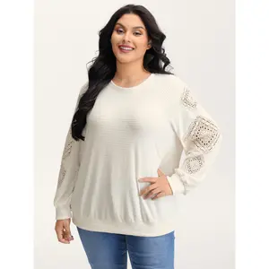 【 Comfy Chic】Bloomchic Lace Textured Sheer Sleeve Sweatshirt Fit Spandex Fabric Women