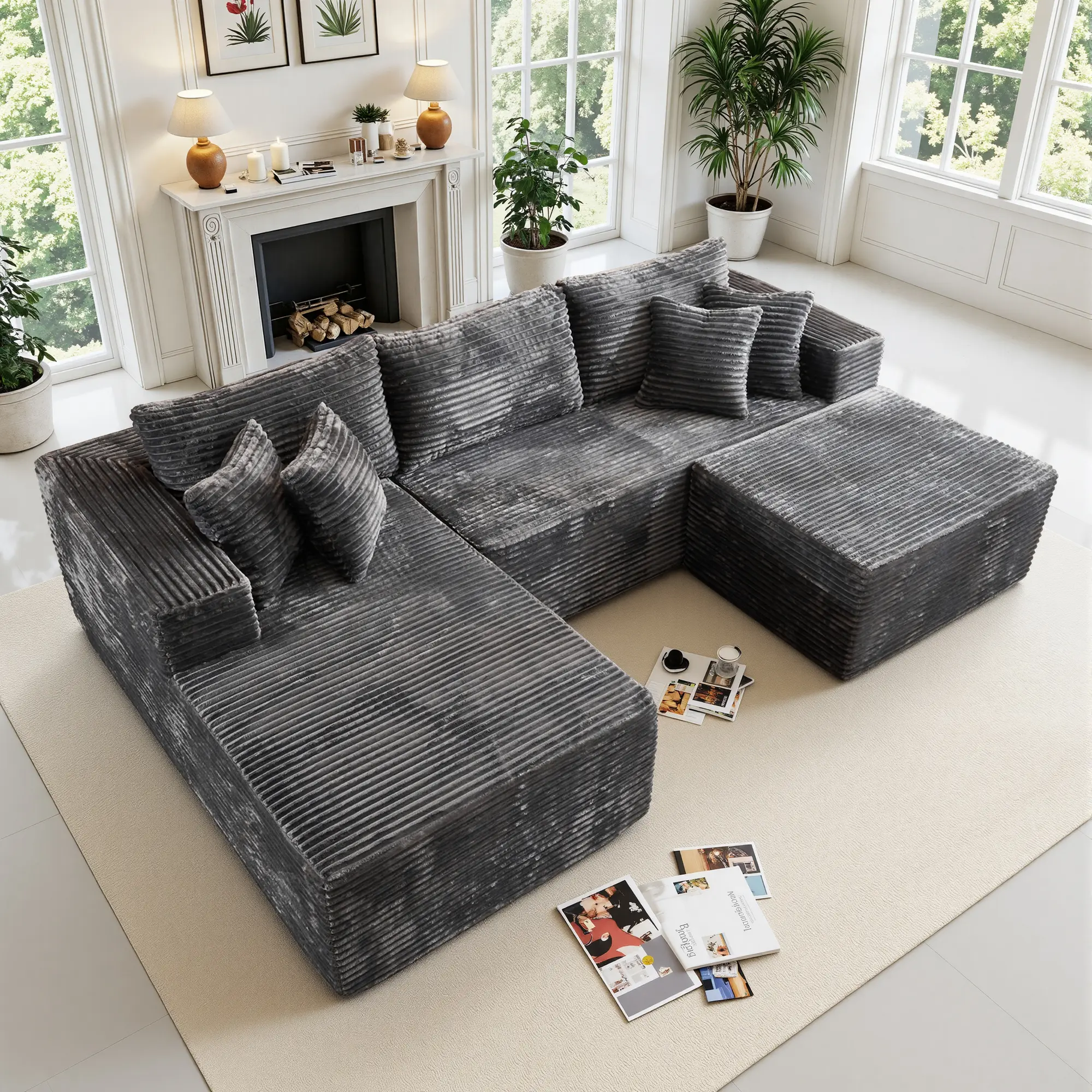 CAODOC 108" Modular Sectional Sofa Cloud Couch with Ottoman Corduroy Memory Foam L-Shaped Couch for Living Room Modern Deep Seat Boneless Fluffy Plush Chaise Lounge Free Combination
