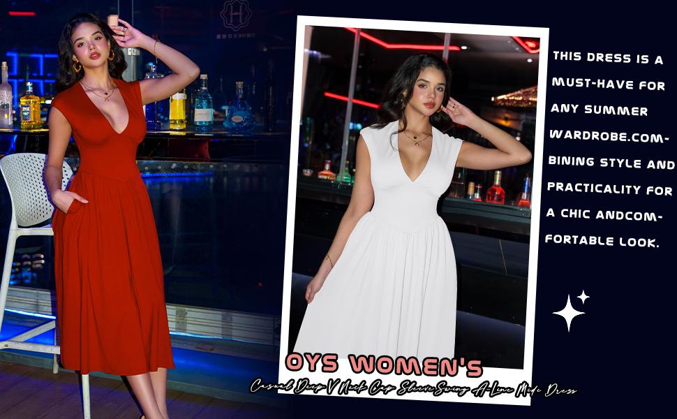 OYS Women's Summer Casual Deep V Neck Cap Sleeve Pleated Swing A Line Midi Dress With Pockets Black Chic