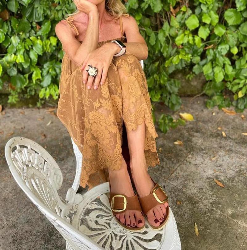 EVELLYHOOTD Women Soft Genuine Suede Insole Cork Footbed One-Strap Big Buckle Clogs Women Sandals with Arch Support Comfort Buckle Design Flat Slippers for Summer