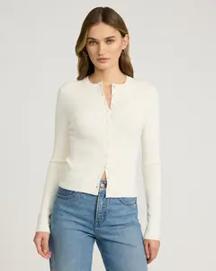 Express Fitted Ribbed Crew Neck Cardigan