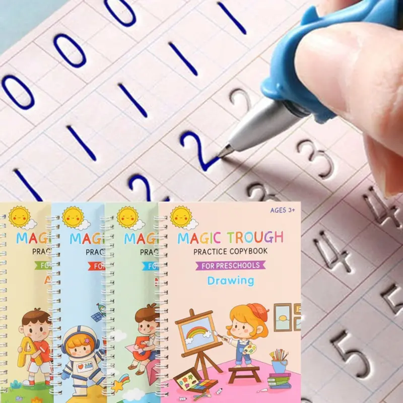 4 Pcs 5.1x7.4-in Reusable Grooved Alphabet Tracing Workbook, Ergonomic Handle for Control, Magical Ink Handwriting Practice Tool with 10 Ink Refills for Preschool Kids Learning (Beauty & Personal Care Temporary Tattoo Accessory), Disappearing Ink