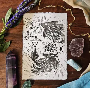 Pisces Zodiac Block Print: Koi Fish, Lotus, Constellation (4x6)