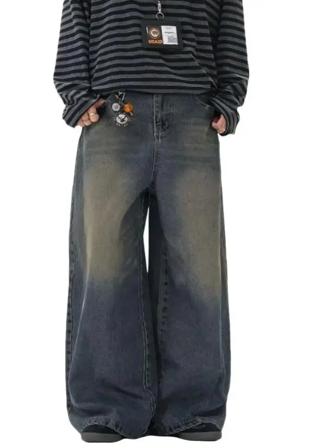 Men's Cotton Oversized Baggy Wide Leg Jeans Vintage Mud Wash Tinted Denim, Striped Retro Skater Pants, Casual Menswear Couple Style Trousers,summerwins jeans for men jeans pants for men