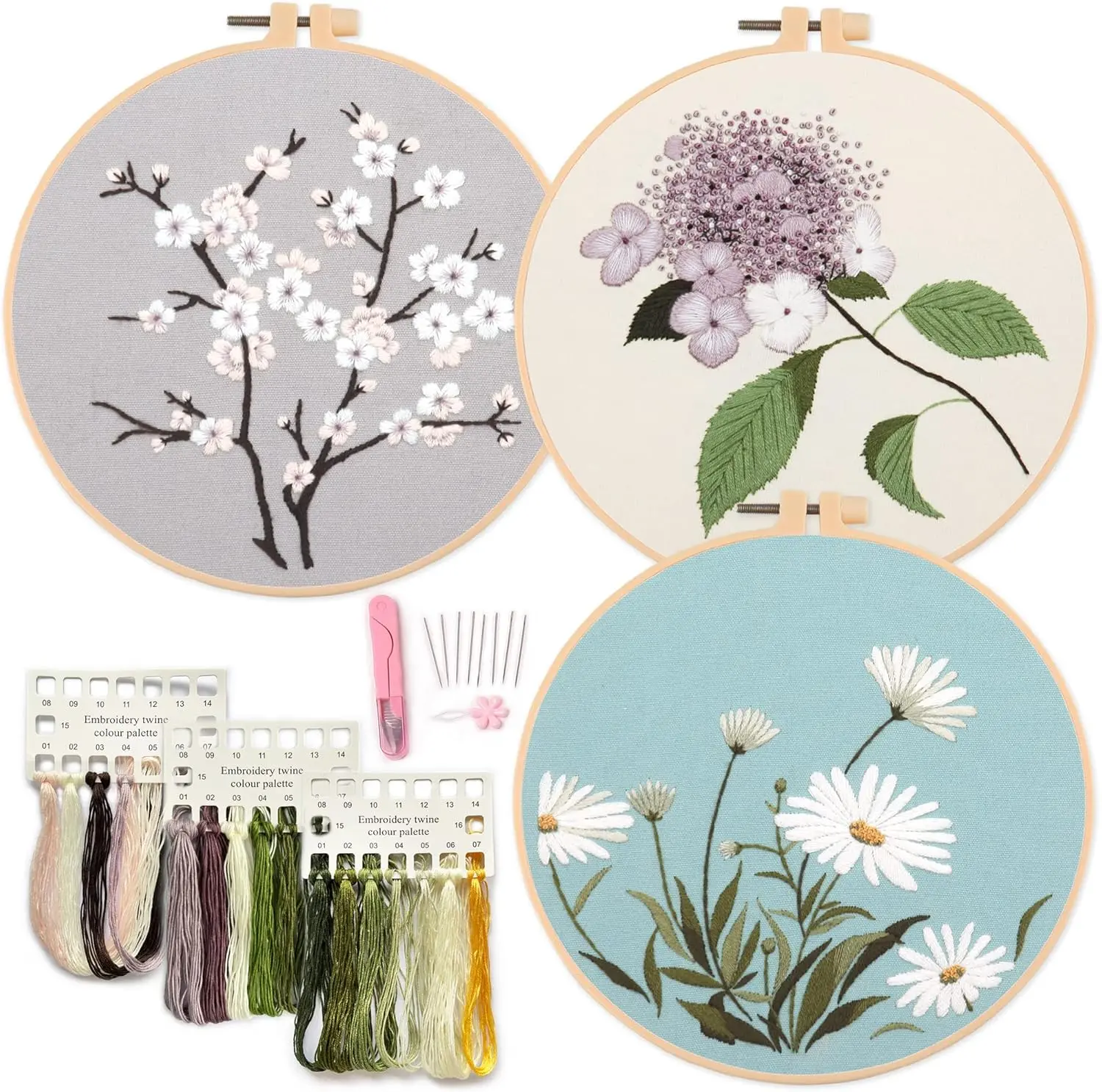 3 Sets of Starter Kits for Embroidery Beginners, Including 3* Embroidery Cloth with Patterns, Hoop, Needle, Manual and Other Manual DIY Tools Needed for Embroidery