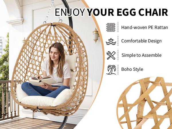 [dealsforyoudays] Single Patio Swing Egg Chair with Cushion, Indoor Outdoor Wicker Swing Chair, Patio Balcony Lounge Chair with Stand, Comfortable Hammock Chair for Garden  capable of supporting 358LB-Christmas Gifts.