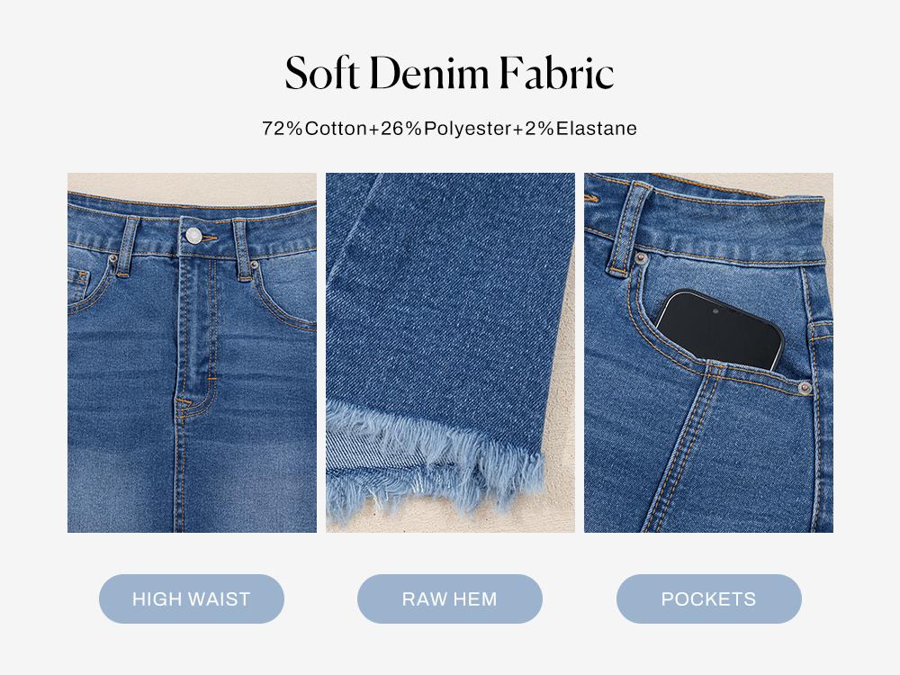 Women's Sidefeel Denim Skirt Casual Stretch High Waist Raw Hem Zipper Closure Jean Skirt