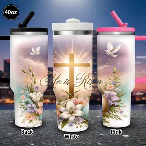 1 pc 40 oz elegant spring floral radiant cross “He Is Risen” message tumbler with lid and straw, winter insulated travel mug, gift for women and men, ideal for Valentine’s Day, Easter, birthday gifts, iced/hot coffee cup