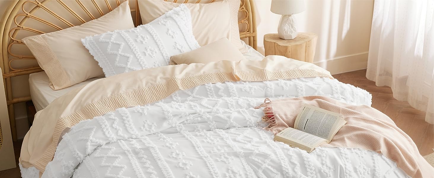 Tufted Boho Comforter Set Queen - Beige Boho Bedding Comforter Set