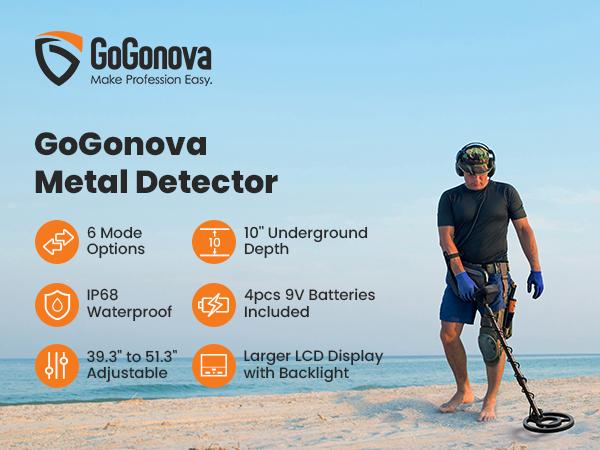 10-OFF! GoGonova Waterproof Metal Detector for Adults,  Professional Higher Accuracy Gold Detector with LCD Display, 6 Mode, Advanced DSP Chip 10" Coil, 39.3'' to 59.3" Adjustable