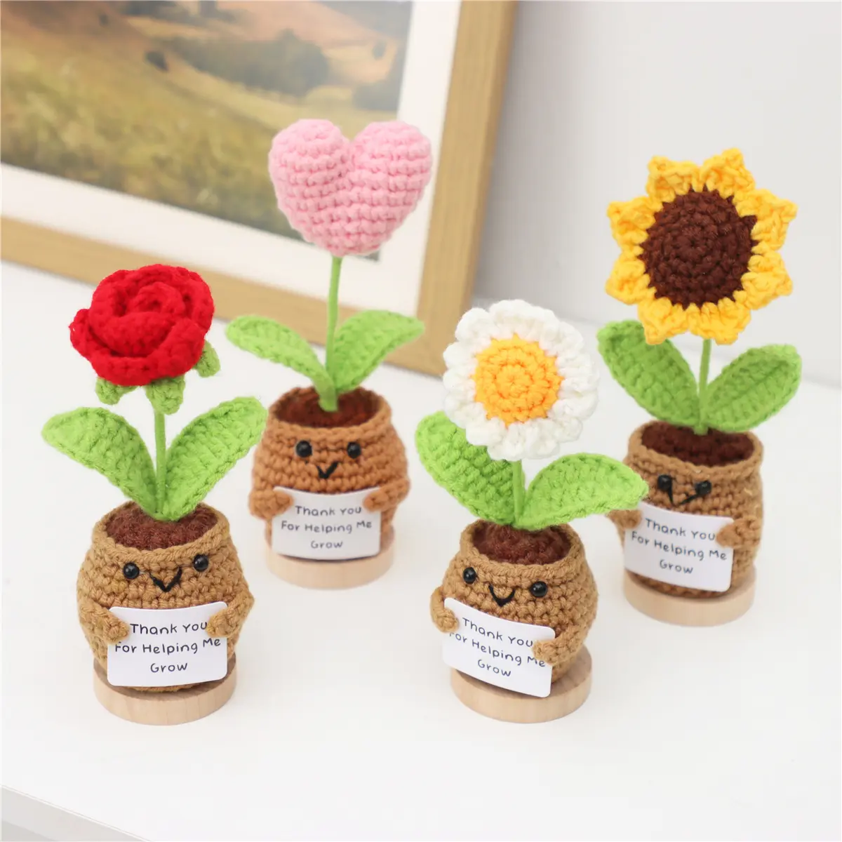 Greatflower Handmade Cotton Crocheted Decorative Anthropomorphic Potted Plant Ornament - Sturdy DIY Home Decor Accent for Home Supplies, Teachers Gift