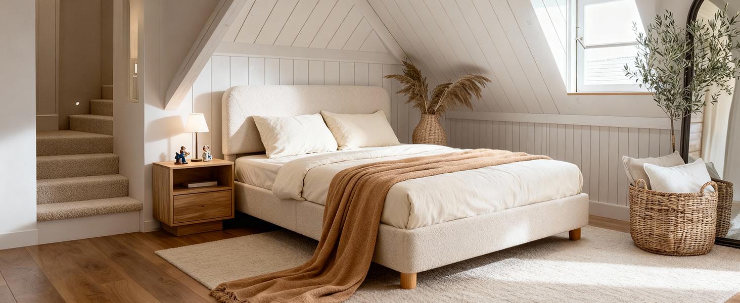 BERRY NEST Queen Size Boucle Bed Frame, Upholstered Cloud Bed Frame with Comfortable and Adjustable Headboard, Solid Wood Legs, Rounded Corners Design & Easy Assembly – Modern Cream Platform Bed, No Mattress, No Noise, Full BERRY NEST Queen Size Boucle Bed Frame, Upholstered Cloud Bed Frame with Comfortable and Adjustable Headboard, Solid Wood Legs, Rounded Corners Design & Easy Assembly – Modern Cream Platform Bed, No Mattress, No Noise, Full