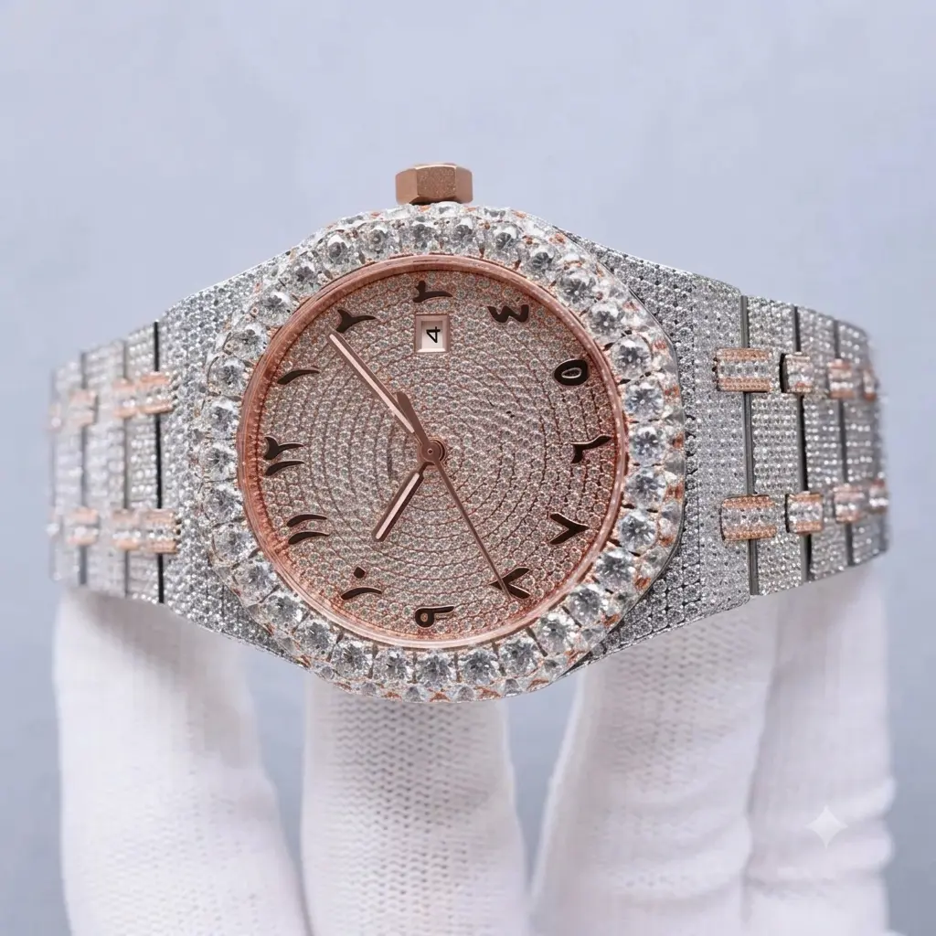 Men's Automatic Iced Out Watch - CZ Moissanite Design, Water Resistant Bling Fashion Wristwatch, Stylish Men's Accessory, Gift for Boyfriend vintage casual arabic dial graffiti number pattern