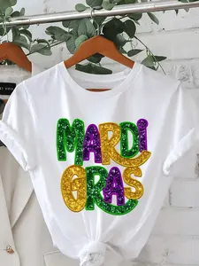 100% Cotton Women'S Lightweight Breathable T-Shirt - Loose Fit Round Neck Tee for Mardi Gras Parties, Carnival, Everyday Outfits - White Base with Multicolor Lettering - Casual Streetwear Top - All-Season Comfort Fit Shirt, Fes