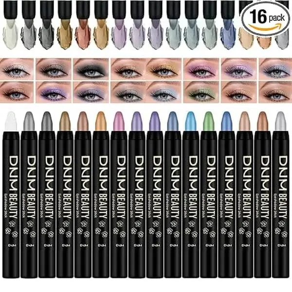 16Pcs Shimmer Cream Stick Eyeshadow Multi-Pack (238g) - Waterproof, Creaseless, Sensitive-Safe, Spin-Apply, Glitter Eyeliner Pen, 1-Step Eye Brightening, Long-Lasting, Smudge-Proof, Beginner-Friendly Multi-Use Cosmetic for Daily & Festival Looks