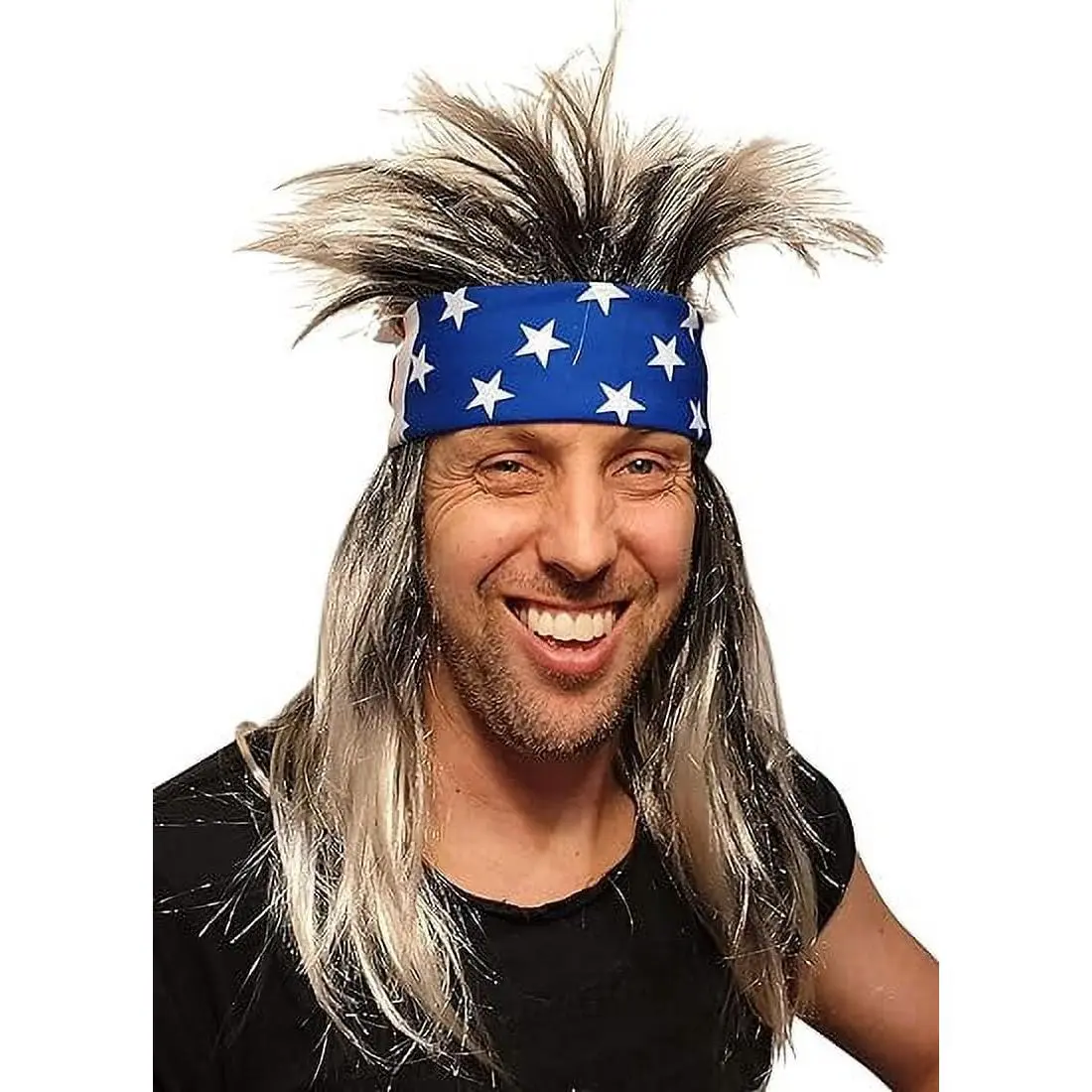 HandinHandCreations Spiky Mullet Rocker Synthetic Costume Wig - Hairstyle Wig with Spiky Hair, USA Bandana, 1 Size Fits All Unisex Party Wear Accessory for American Hippie Concerts
