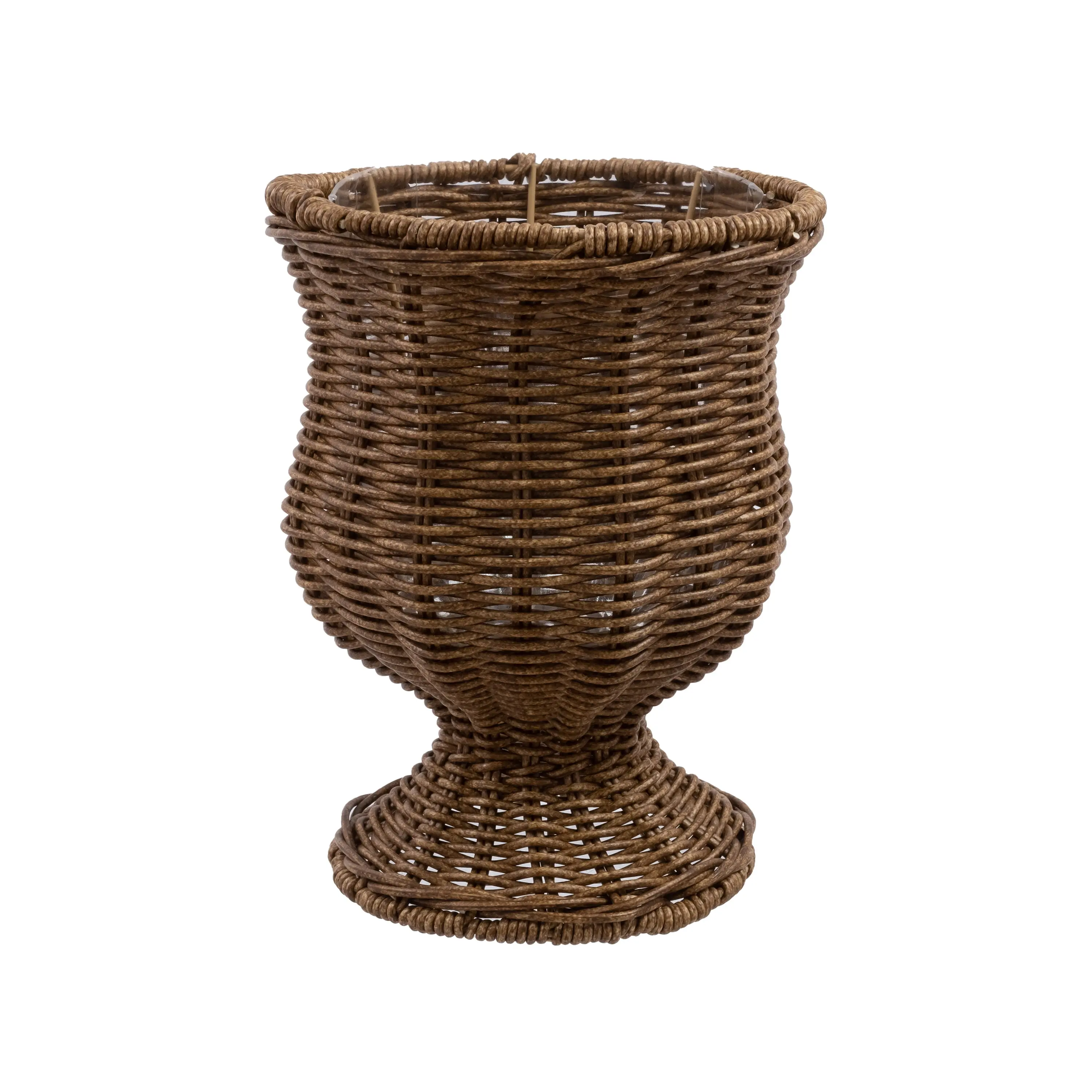 Goblet-Shape Resin Planter Pot (Single Unit) - 8.1 in Diameter, 10.6 in Height, Brown Faux Rattan Woven Design, Powder-Coated Metal Frame, Transparent Lining, Indoor-Outdoor Home Garden Room & House Decor Planter, Room Decor