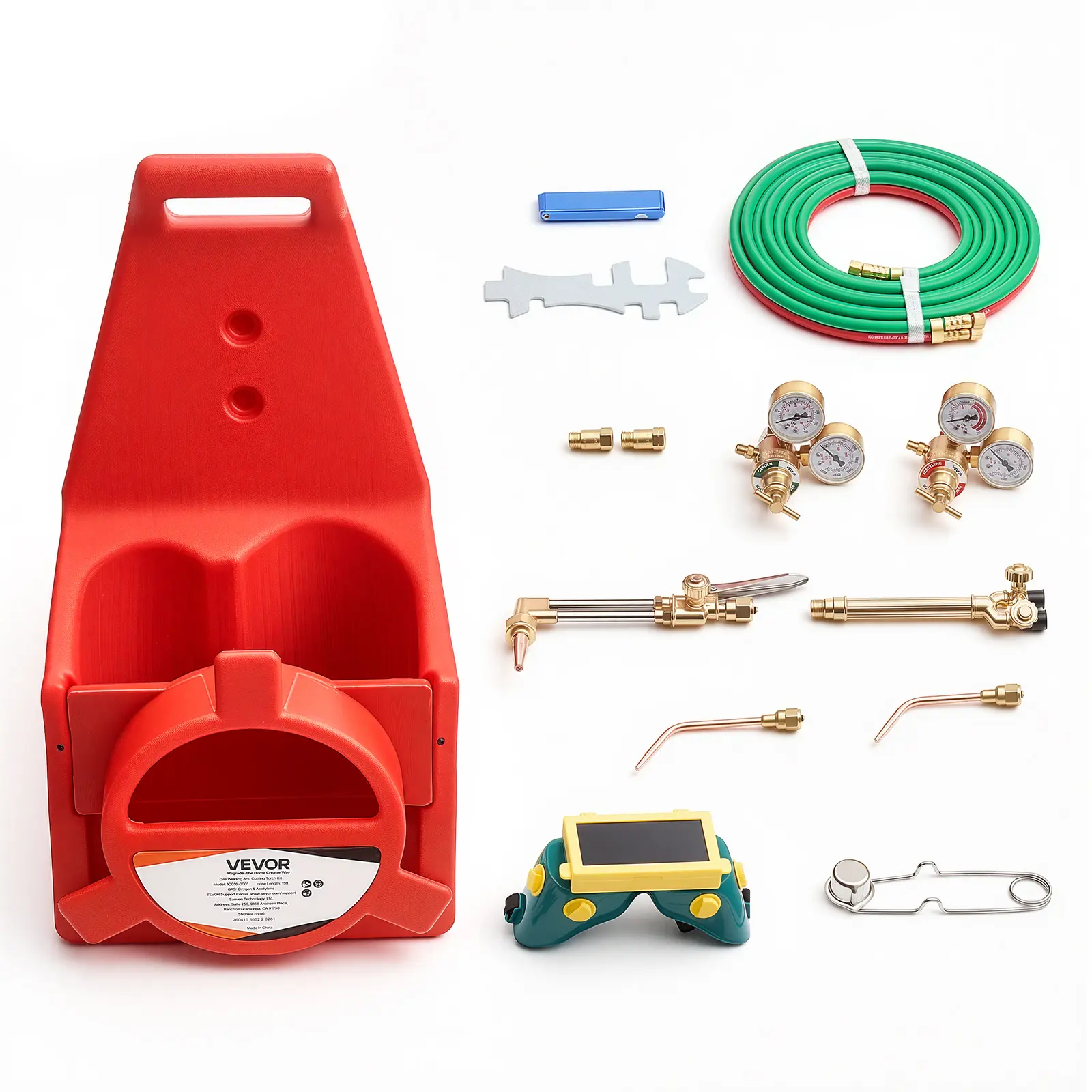 VEVOR Brass Oxygen Acetylene Torch Kit, 1 Portable Metal Cutting Tool with 300 psi 1/4" ID 15 ft Twin Hoses, Check Valves, Flashback Guard, 2 Regulators, 1 Cylinder Holder, 2 Welding Tips, CGA200 Acetylene Compatibility for DIY Enthusiasts, 1 Metal Cuttin