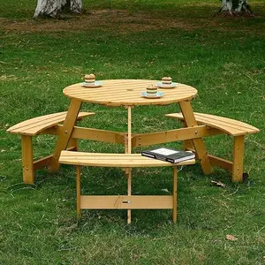 Eyisean 3/6 Person Wood Picnic Table, Outdoor Round Picnic Table with 3 Built-in Benches, Umbrella Hole, Outside Table and Bench Set for Patio, Backyard, 500lbs Capacity Per Bench