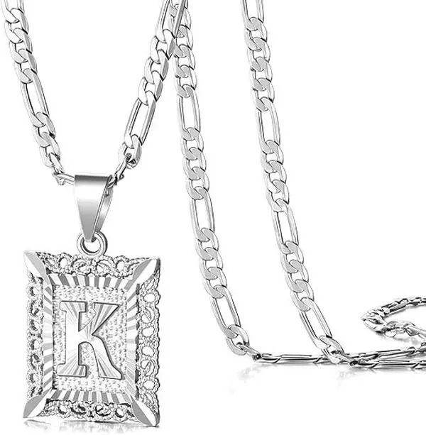 Personalized Square Capital Monogram Silvery Pendant Necklace for Men Women, Chic Initial Letter A-Z Pendant Figaro Chain Jewelry Festivals, Birthdays, and Special Occasions