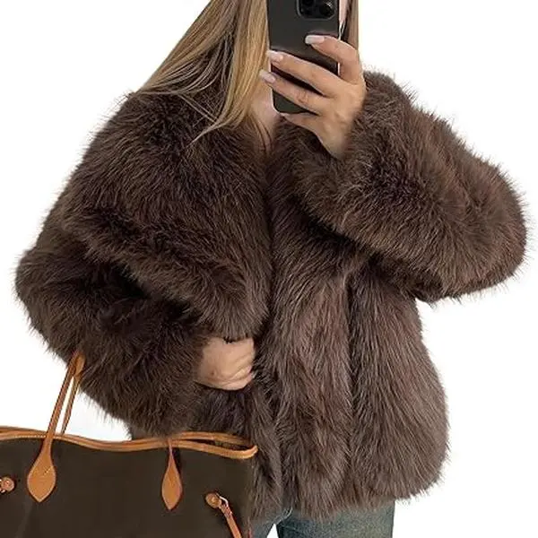 Women's Oversized Lapel Faux Fur Short Crop Jacket - Longsleeves, Button Front, Minimalist Basic Warm Winter Tops Clothes for Daily, Party OOTD