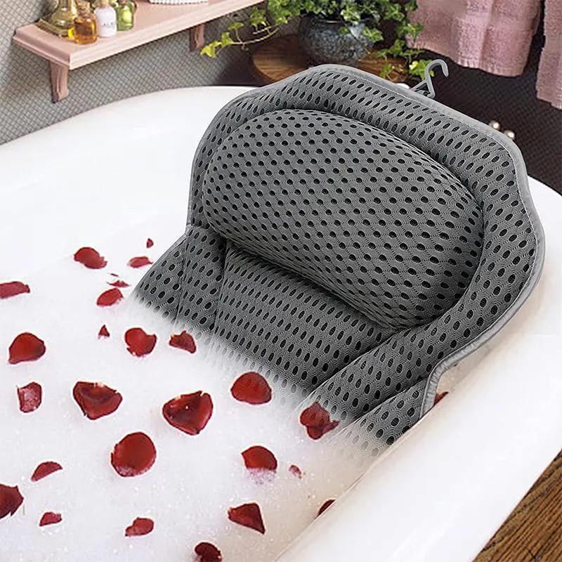 4D Grid Soft Bath Pillow & Mat Set - Non-slip Suction Cups Bathtub Neck Head Back Support Pillow, Comfortable Spa Pillow with Hook, Quick-Dry Machine Washable Bathroom Accessory, Water Absorbent Mat, Perfect Christmas Gift for Women Bath Tub Accessories