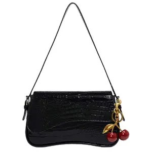 Black Crocodile Pattern Shoulder Bag for Women, PU Leather Crossbody Purse with Cherry Charm, Women Handbag Underarm Bag