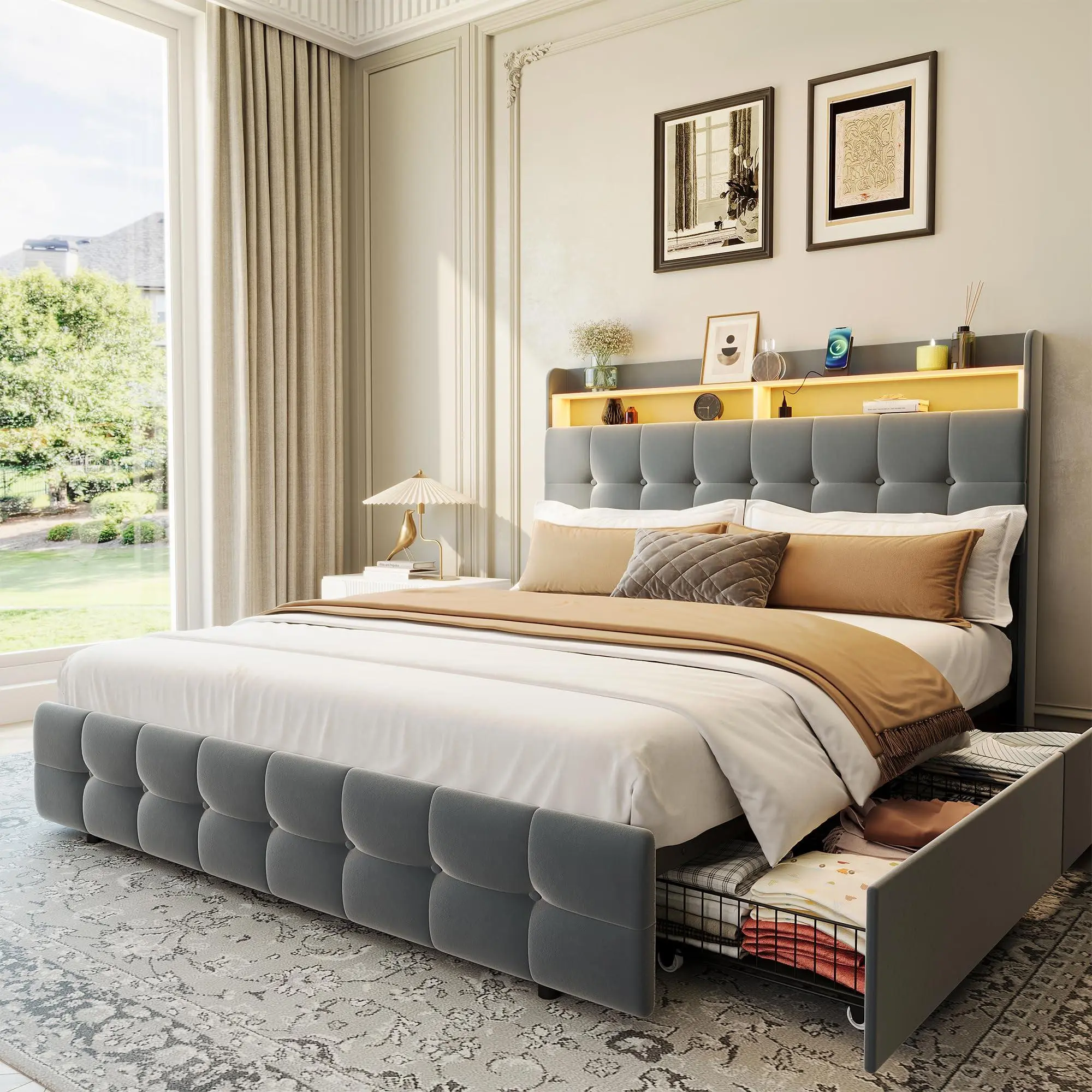 Garvee Queen Upholstered Bed with LED Headboard, USB Port & Storage Drawers | Queen bed with RGB LED headboard, charging station, 2 storage drawers, and 1,000 lb metal frame. No box spring needed.