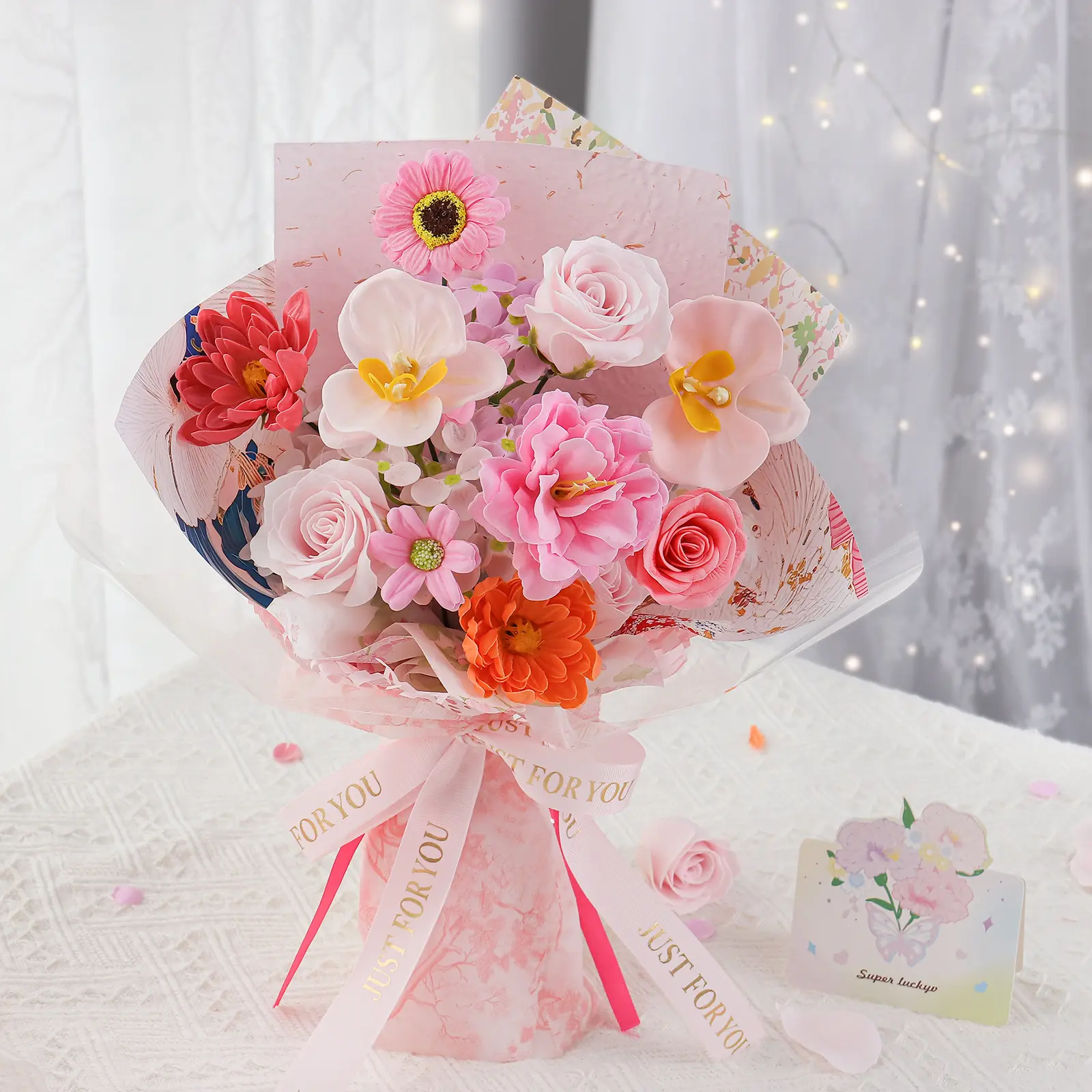 Soap Flower Bouquet, Handmade Soap Rose Flower Gift Bouquet with Wrapping Paper, Small Preserved Flower Bouquet for Mother's Day Birthday Anniversary Wedding Valentine Gift