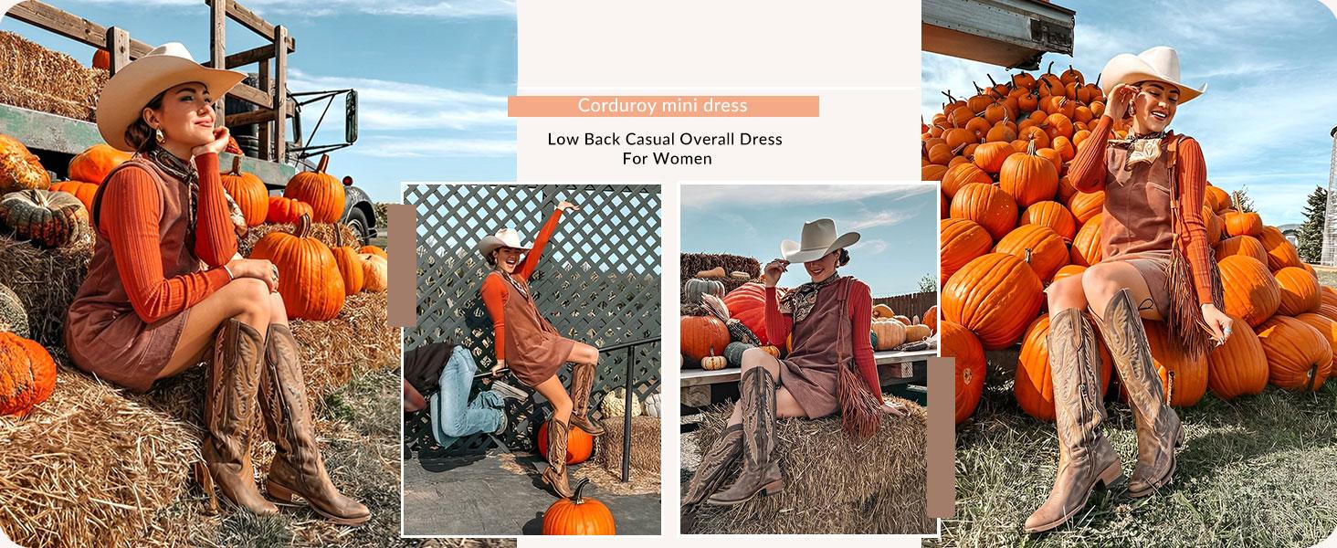 Women's Corduroy Overall Dress Round Neck A Line Skirtall Jumper Mini Dress Pinafore with Pockets#TikTokShopBlackFriday