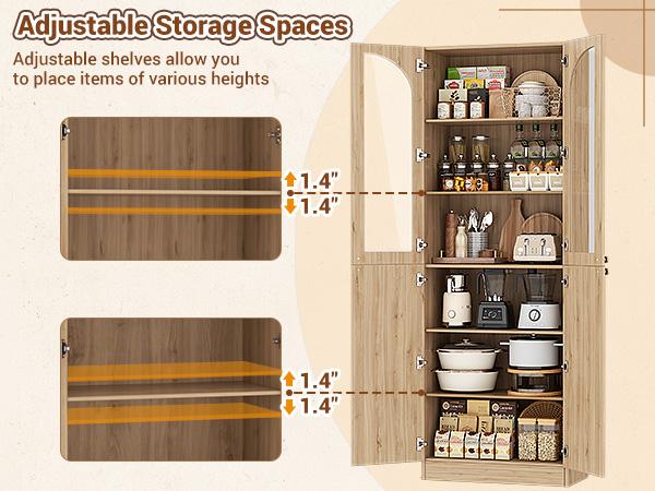 80" Tall Wood Kitchen Pantry Storage Cabinet, Freestanding 6-Tiers Buffet Cabinets with 4 Doors & Adjustable Shelves for Dining Room, Living Room