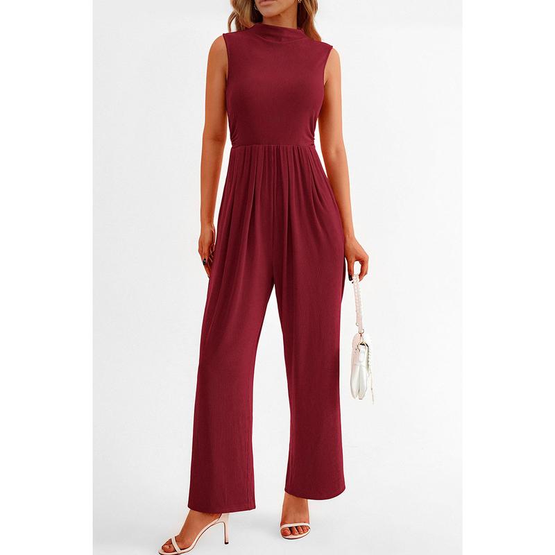 PrettyGarden Women's Summer Jumpsuits Dressy Casual Outfits Sleeveless Mock Neck Wide Leg Pants Rompers with Pockets