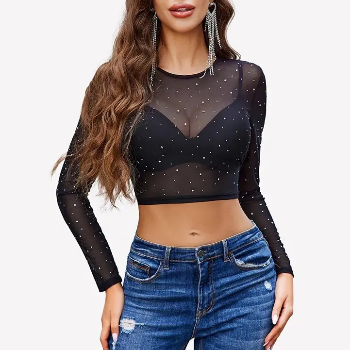 Avidlove Womens Sparkly Rhinestone Mesh Top Long Sleeve Sheer Shirt Crewneck Glitter Tops See Through Crop Top