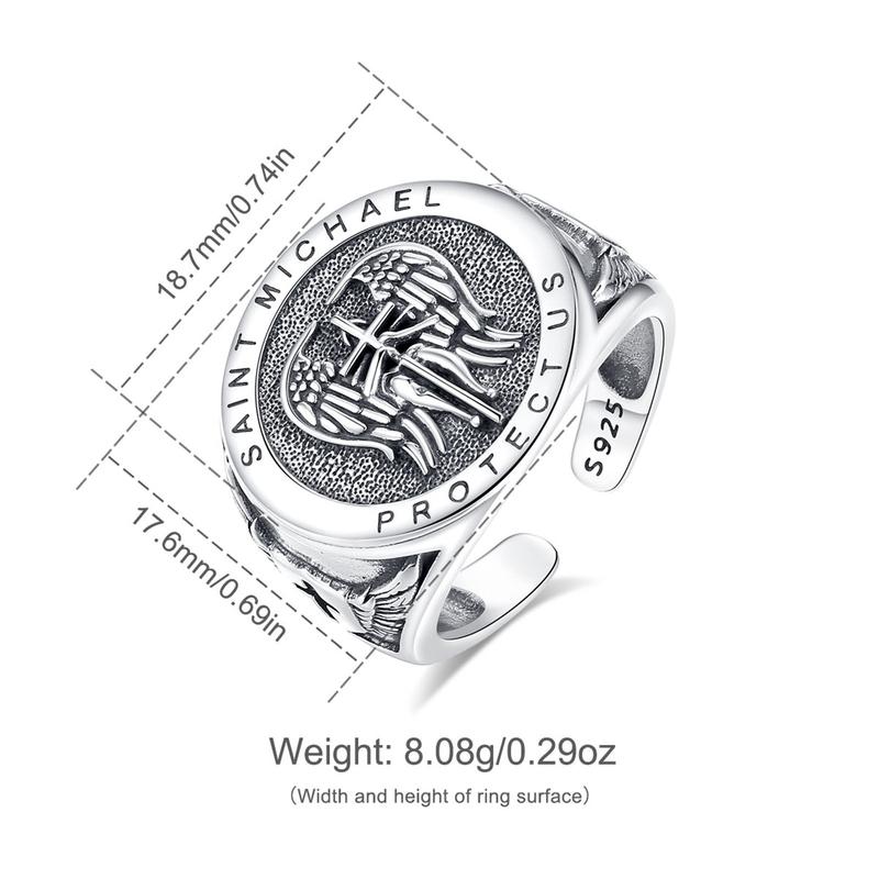 Eudora S925 Sliver Vintage Saint Benedict Ring, Adjustable St.Benedict Open Ring, Unisex Band with Benedictine Cross & Latin Inscriptions, Christian Jewelry Gift