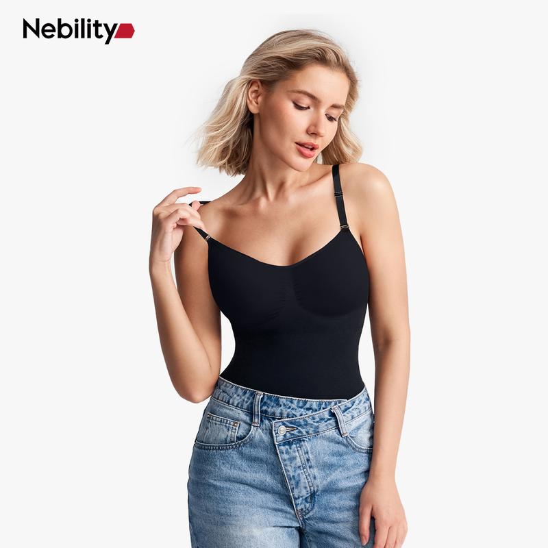 Nebility (Fabric Upgrade) Women's Shapewear Bodysuit - V-Neck Spaghetti Strap, Tummy Control & Hip Lift, Shockproof Basic Bodysuit Womenswear  Minimalist Vneck