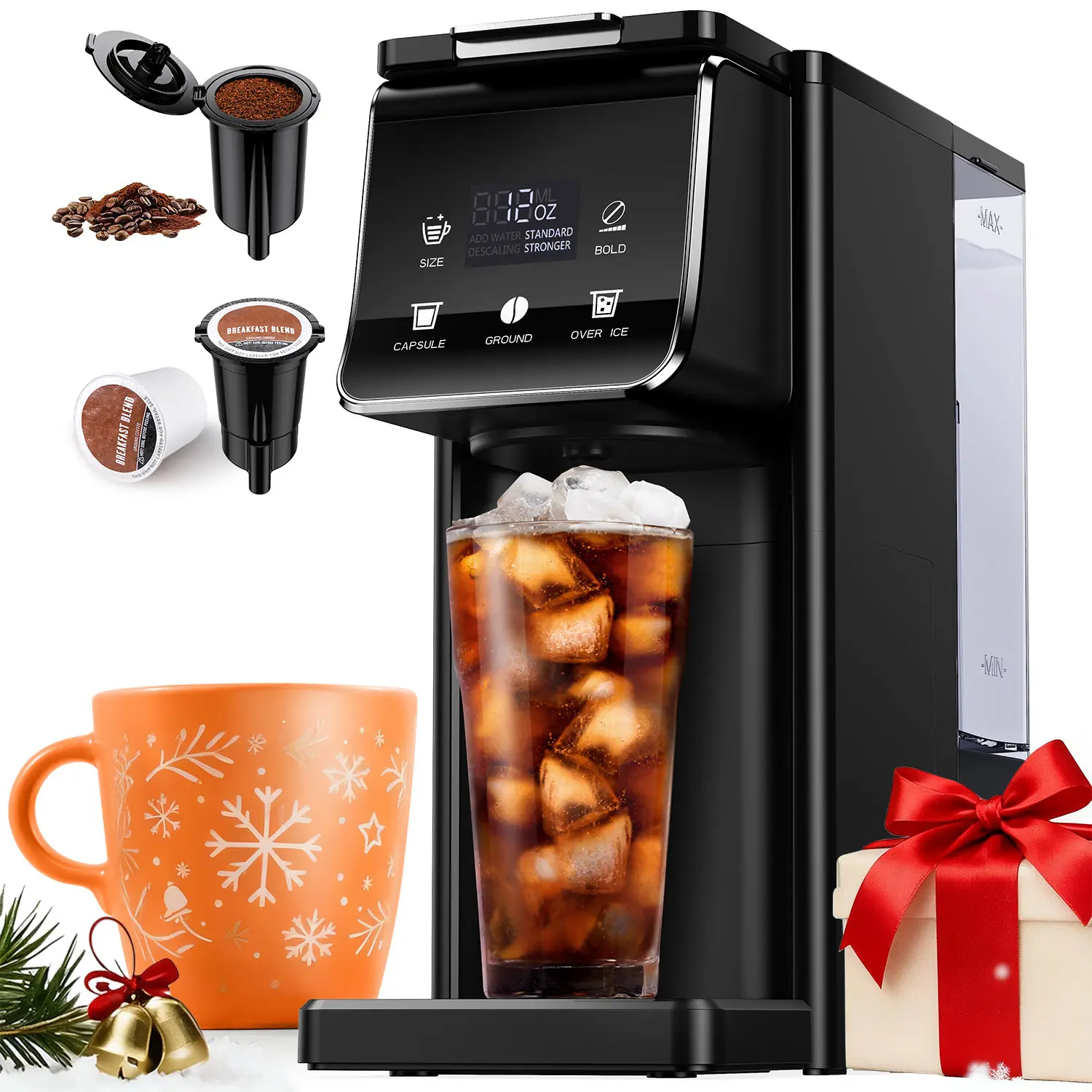 TWOMEOW Coffee Maker, Single-Serve Space Saver Brewer, Bold Setting, Reusable Filter, Compact Quick Brew, Travel Mug Compatible, Works with K-Cups & Ground Coffee, for Home & Office Use, Coffee Machines