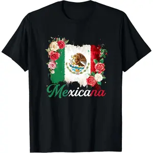 Women's Mexican Flag Print Garment, Flat Graphics Short-Sleeve Cotton Casual Sports Top for Latina Girls