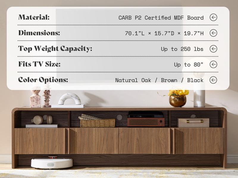 AMERLIFE 70" Modern TV Stand for TVs Up to 80", Wood TV Console with Curved Profile Design & 2 Storage Cabinets, Media Console Entertainment Center for Living Room, Bedroom/Best Gift Ideas/Christmas Gifts