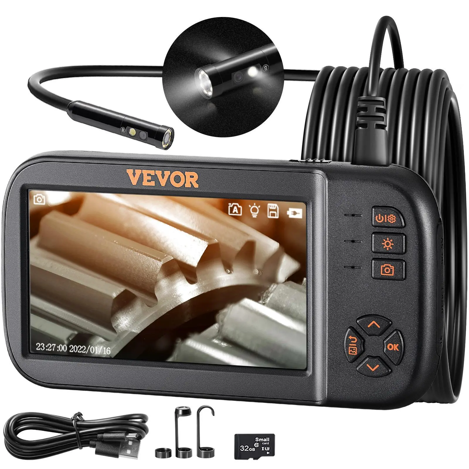【Summerfinds】VEVOR Borescope Camera,  , Triple Lens Endoscope Camera with Light, 4.5" Screen 1080P Inspection Camera with 10 LED Light, IP67 Waterproof Drain Snake Camera for Auto, Plumbing (16.5FT Cable, 32GB Card)