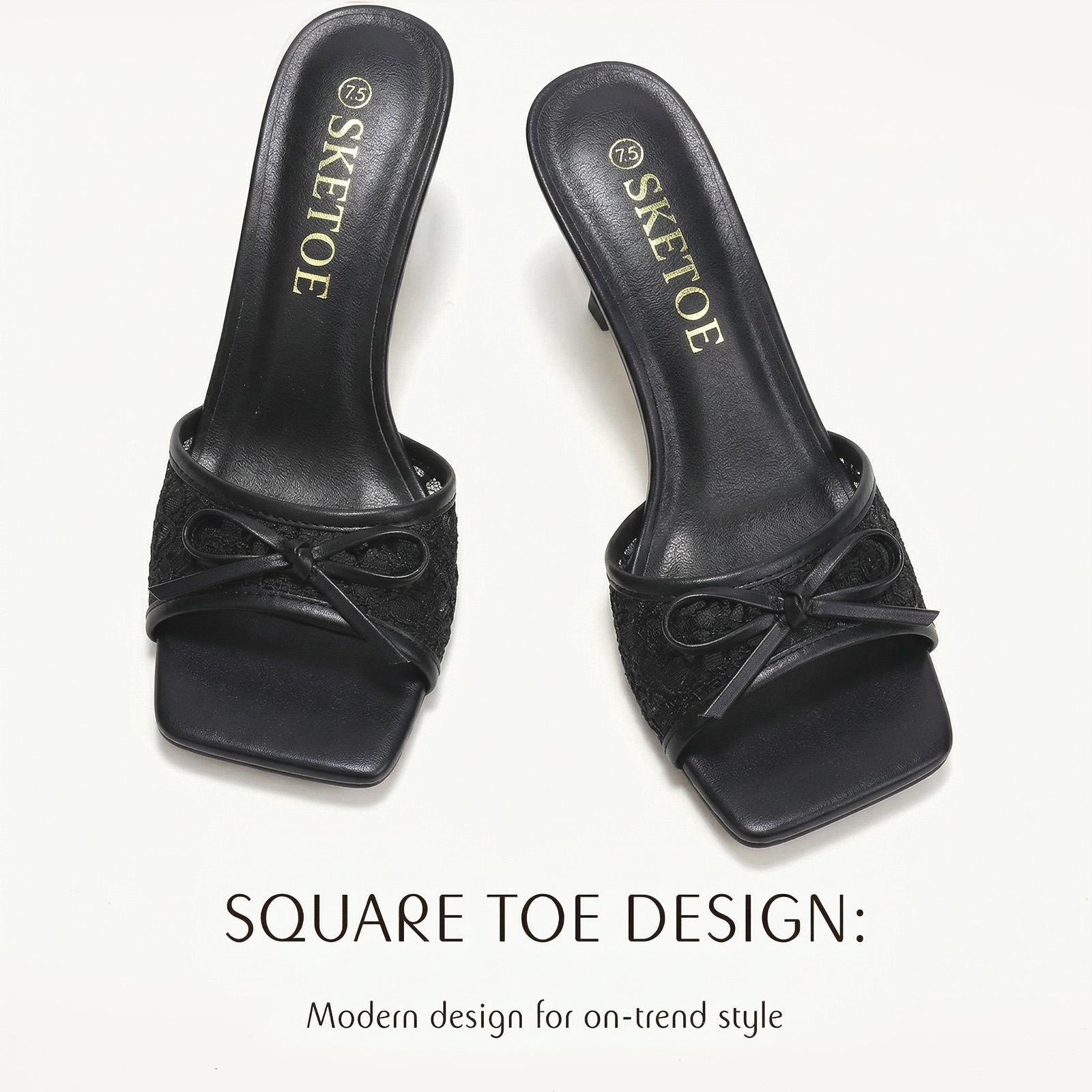 Kitten Heels for Women Square Toe Mesh Sandals Bow Knots Heels Open Toe Sandals for Women Comfortable Dressy Shoes for Wedding Party