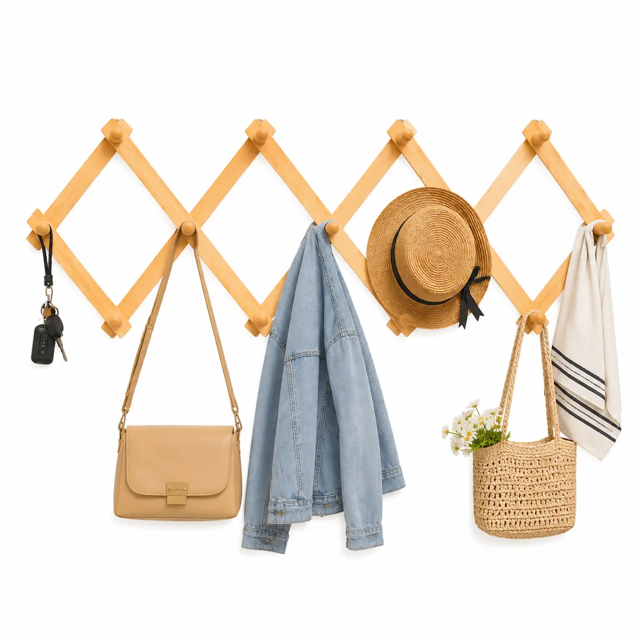 Expandable Wooden Wall Mounted Coat Rack, Folding Accordion Hanger with Hooks, Space Saving Entryway Organizer for Hats, Bags, Jackets & Home Storage